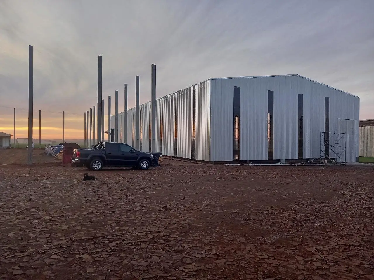 Galpón industrial de chapa en construcción, con columnas de hormigón al atardecer