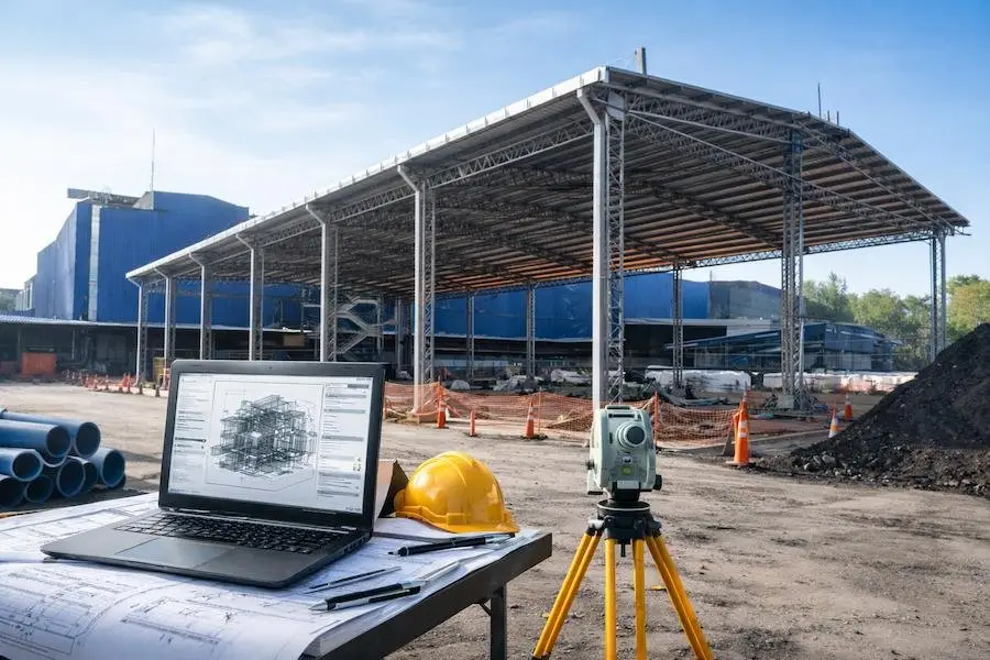 Estación total sobre trípode y una notebook con un modelo estructural frente a un galpón metálico en construcción